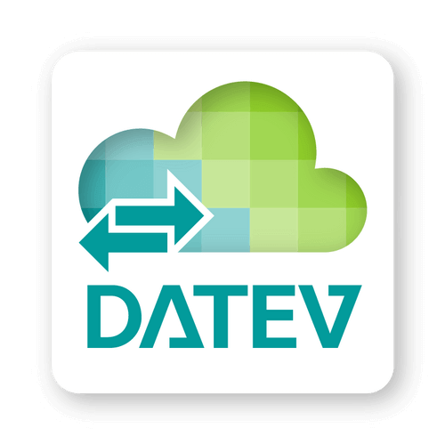 Datev Schnittstelle Ein Logo mit einer Wolken-grafik in Grün- und Blautö-nen, in der zwei Pfeile in entgegengesetzte Richtungen zeigen. Unter der Wolke steht der Schriftzug ‚DATEV‘ in türkisen Großbuchstaben. Das Bild befindet sich auf blauem Hintergrund.
