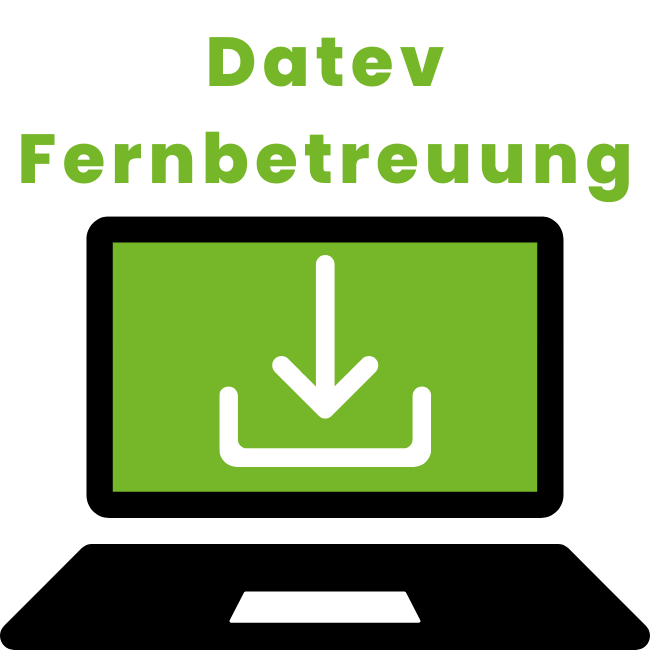Datev Fernbetreuung Schwarzer Laptop mit grünem Bildschirm. Auf dem Bild-schirm ist ein weißes Down-load-Symbol zu sehen: ein Pfeil, der nach unten in ei-ne offene Box zeigt. Das Bild befindet sich auf blau-em Hintergrund.“