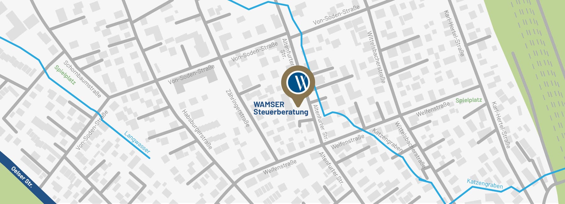 Stadtkarte von Nürnberg, auf der mit einem Mapmarker mit dem Logo der Kanzlei Wamser die Altenfurther Straße 48 markiert ist.